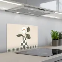 KitchenYeah Spatscherm 60x45 cm - Zelfklevende achterwand Vaas - Geruit - Groen - Bloem - Keuken muurbeschermer - Spatwand fornuis