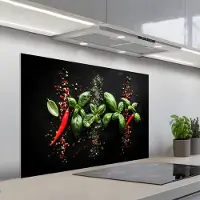 KitchenYeah Spatscherm 100x65 cm - Zelfklevende achterwand Chilipepers - Basilicum - Blaadjes - Rood - Keuken muurbeschermer - Spatwand fornuis