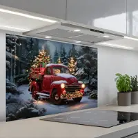 KitchenYeah Spatscherm 90x60 cm - Zelfklevende achterwand Kersttruck - Sneeuwbos - Rood - Keuken muurbeschermer - Spatwand fornuis