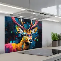 KitchenYeah Spatscherm 90x70 cm - Zelfklevende achterwand Graffiti - Hert - Dier - Kleurrijk - Keuken muurbeschermer - Spatwand fornuis
