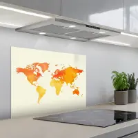 KitchenYeah Spatscherm 70x50 cm - Zelfklevende achterwand Wereldkaart - Oranje - Kleurrijk - Keuken muurbeschermer - Spatwand fornuis