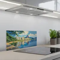 KitchenYeah Spatscherm 60x30 cm - Zelfklevende achterwand Berg - Skyline - Strand - Water - Keuken muurbeschermer - Spatwand fornuis