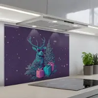 KitchenYeah Spatscherm 80x55 cm - Zelfklevende achterwand Rendier - Zonnebril - Neon - Kerstboom - Keuken muurbeschermer - Spatwand fornuis