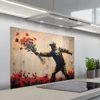 KitchenYeah Spatscherm 100x65 cm - Zelfklevende achterwand Street art - Man - Bloemen - Graffiti - Banksy Style - Keuken muurbeschermer - Spatwand fornuis