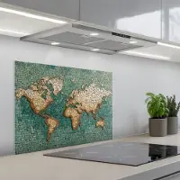 KitchenYeah Spatscherm 70x50 cm - Zelfklevende achterwand Wereldkaart - Gebroken tegels - Mozaïek - Keuken muurbeschermer - Spatwand fornuis