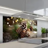 KitchenYeah Spatscherm 120x60 cm - Zelfklevende achterwand Dennenappels - Kerstsfeer - Bruin - Groen - Keuken muurbeschermer - Spatwand fornuis