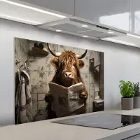 KitchenYeah Spatscherm 100x65 cm - Zelfklevende achterwand Schotse hooglander - Toilet - Krant - Badkamer - Keuken muurbeschermer - Spatwand fornuis