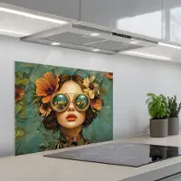 KitchenYeah Spatscherm 70x55 cm - Zelfklevende achterwand Vrouw - Bloemen - Vlinders - Natuur - Vintage - Keuken muurbeschermer - Spatwand fornuis