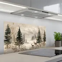 KitchenYeah Spatscherm 100x50 cm - Zelfklevende achterwand Bos - Herten - Winter - Sneeuw - Keuken muurbeschermer - Spatwand fornuis