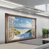 KitchenYeah Spatscherm 100x65 cm - Zelfklevende achterwand Doorkijk - Strand - Raam - Duinen - Zee - Keuken muurbeschermer - Spatwand fornuis