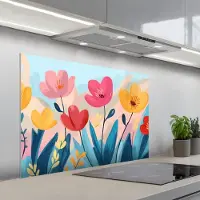 KitchenYeah Spatscherm 100x65 cm - Zelfklevende achterwand Illustratie - Bloemen - Kleurrijk - Keuken muurbeschermer - Spatwand fornuis