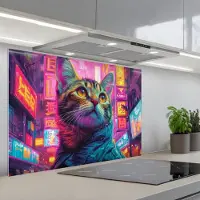 KitchenYeah Spatscherm 90x60 cm - Zelfklevende achterwand Kat - Pop art - China - Neon - Stad - Keuken muurbeschermer - Spatwand fornuis