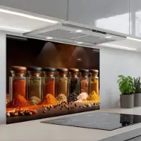 KitchenYeah Spatscherm 80x55 cm - Zelfklevende achterwand Potjes - Kruiden - Specerijen - Korrels - Keuken muurbeschermer - Spatwand fornuis