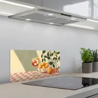 KitchenYeah Spatscherm 70x30 cm - Zelfklevende achterwand Citroenen - Glas - Tafelkleed - Geblokt - Keuken muurbeschermer - Spatwand fornuis