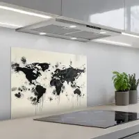 KitchenYeah Spatscherm 70x55 cm - Zelfklevende achterwand Wereldkaart - Zwart - Inkt - Keuken muurbeschermer - Spatwand fornuis