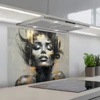KitchenYeah Spatscherm 80x60 cm - Zelfklevende achterwand Vrouw - Kunst - Goud - Abstract - Glamour - Keuken muurbeschermer - Spatwand fornuis