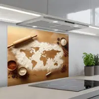 KitchenYeah Spatscherm 90x70 cm - Zelfklevende achterwand Hout - Wereldkaart - Bakken - Keuken - Keuken muurbeschermer - Spatwand fornuis