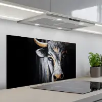 KitchenYeah Spatscherm 100x50 cm - Zelfklevende achterwand Stier - Hoorns - Snuit - Goud - Keuken muurbeschermer - Spatwand fornuis