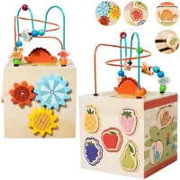 Leantoys Houten Leerkubus Montessori Speelgoed 5-in-1 - Educatief Activiteitenkubus met Kralenbaan - Houten Speelgoed voor Kinderen vanaf 3 Jaar - Motoriek Leren Speelgoed -