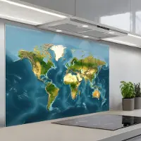 KitchenYeah Spatscherm 120x80 cm - Zelfklevende achterwand Wereldkaart - Topografisch reliëf - Keuken muurbeschermer - Spatwand fornuis