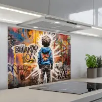KitchenYeah Spatscherm 80x60 cm - Zelfklevende achterwand Graffiti - Jongen - Kleuren - Street Art - Keuken muurbeschermer - Spatwand fornuis