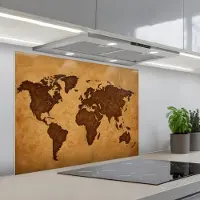 KitchenYeah Spatscherm 90x70 cm - Zelfklevende achterwand Wereldkaart - Uitgesneden perkament - Keuken muurbeschermer - Spatwand fornuis
