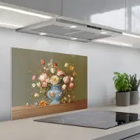 KitchenYeah Spatscherm 70x50 cm - Zelfklevende achterwand Neutral - Bloemen - Boeket - Vaas - Keuken muurbeschermer - Spatwand fornuis