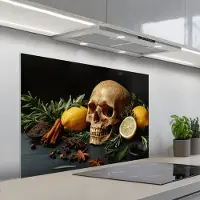 KitchenYeah Spatscherm 100x65 cm - Zelfklevende achterwand Skelet - Citroen - Eten - Schedel - Kaneel - Kruiden - Keuken muurbeschermer - Spatwand fornuis