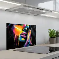 KitchenYeah Spatscherm 60x40 cm - Zelfklevende achterwand Vrouw - Gezicht - Verf - Kunstzinnig - Keuken muurbeschermer - Spatwand fornuis