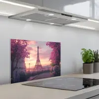 KitchenYeah Spatscherm 60x40 cm - Zelfklevende achterwand Eiffeltoren - Parijs - Roze - Keuken muurbeschermer - Spatwand fornuis