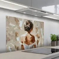 KitchenYeah Spatscherm 100x65 cm - Zelfklevende achterwand Vrouw - Verf - Abstract - Beige - Modern - Keuken muurbeschermer - Spatwand fornuis
