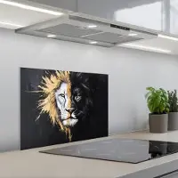 KitchenYeah Spatscherm 60x45 cm - Zelfklevende achterwand Leeuw - Gesplitst - Zwart - Lijn - Keuken muurbeschermer - Spatwand fornuis