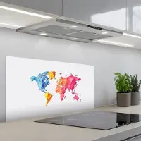 KitchenYeah Spatscherm 80x40 cm - Zelfklevende achterwand Wereldkaart - Kleurrijk - Geometrisch - Keuken muurbeschermer - Spatwand fornuis