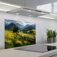 KitchenYeah Spatscherm 70x55 cm - Zelfklevende achterwand Veld - Hek - Bergen - Bloemen - Keuken muurbeschermer - Spatwand fornuis