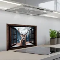 KitchenYeah Spatscherm 60x40 cm - Zelfklevende achterwand Doorkijk - Hert - Dieren - Landschap - Winter - Sneeuw - Landelijk - Keuken muurbeschermer - Spatwand fornuis