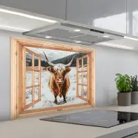 KitchenYeah Spatscherm 90x70 cm - Zelfklevende achterwand Schotse Hooglander - Landschap - Landelijk - Bergen - Winter - Doorkijk - Keuken muurbeschermer - Spatwand fornuis