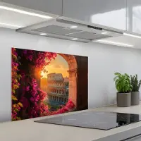 KitchenYeah Spatscherm 70x55 cm - Zelfklevende achterwand Colosseum - Rome - Roze Bloemen - Keuken muurbeschermer - Spatwand fornuis
