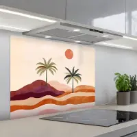 KitchenYeah Spatscherm 80x60 cm - Zelfklevende achterwand Palmbomen - Abstract - Zon - Heuvels - Keuken muurbeschermer - Spatwand fornuis