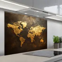KitchenYeah Spatscherm 100x75 cm - Zelfklevende achterwand Wereldkaart - Goud - Roest print - Keuken muurbeschermer - Spatwand fornuis