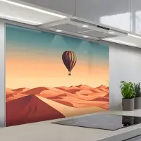KitchenYeah Spatscherm 120x80 cm - Zelfklevende achterwand Luchtballon - Woestijn - Zonsondergang - Blauw - Keuken muurbeschermer - Spatwand fornuis