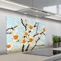 KitchenYeah Spatscherm 100x65 cm - Zelfklevende achterwand Bloesems - Wit - Mozaïek - Tak - Keuken muurbeschermer - Spatwand fornuis