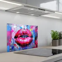KitchenYeah Spatscherm 60x45 cm - Zelfklevende achterwand Graffiti - Lippen - Felroze - Geschilderd - Keuken muurbeschermer - Spatwand fornuis