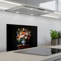KitchenYeah Spatscherm 60x40 cm - Zelfklevende achterwand Boeket - Roze - Bloemen - Vaas - Keuken muurbeschermer - Spatwand fornuis