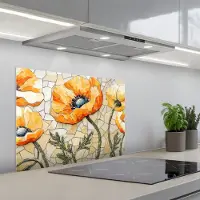 KitchenYeah Spatscherm 70x50 cm - Zelfklevende achterwand Klaprozen - Oranje - Mozaïek - Bladeren - Keuken muurbeschermer - Spatwand fornuis