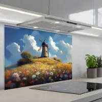 KitchenYeah Spatscherm 90x60 cm - Zelfklevende achterwand Windmolen - Heuvel - Bloemen - Kleurrijk - Keuken muurbeschermer - Spatwand fornuis