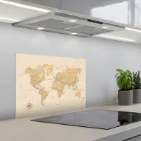 KitchenYeah Spatscherm 60x45 cm - Zelfklevende achterwand Wereldkaart - Realistisch - Beige - Keuken muurbeschermer - Spatwand fornuis