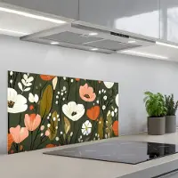KitchenYeah Spatscherm 90x45 cm - Zelfklevende achterwand Bloemen - Illustratie - Groen - Keuken muurbeschermer - Spatwand fornuis