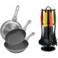 Cheffinger Koekenpannen - Set van 3 - Incl. Keukengerei Set - 7-delig - Zilver