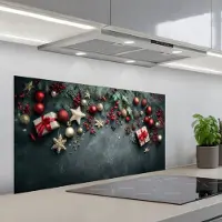 KitchenYeah Spatscherm 100x50 cm - Zelfklevende achterwand Kerstomlijsting - Hulst - Kleurrijk - Keuken muurbeschermer - Spatwand fornuis