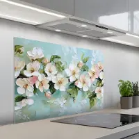 KitchenYeah Spatscherm 100x65 cm - Zelfklevende achterwand Bloesem - Bladeren - Lichtblauw - Keuken muurbeschermer - Spatwand fornuis